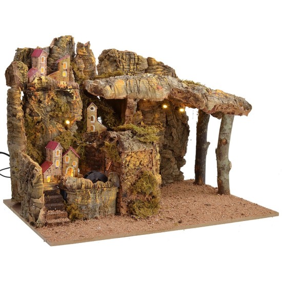 Illuminated nativity scene with functioning water mill