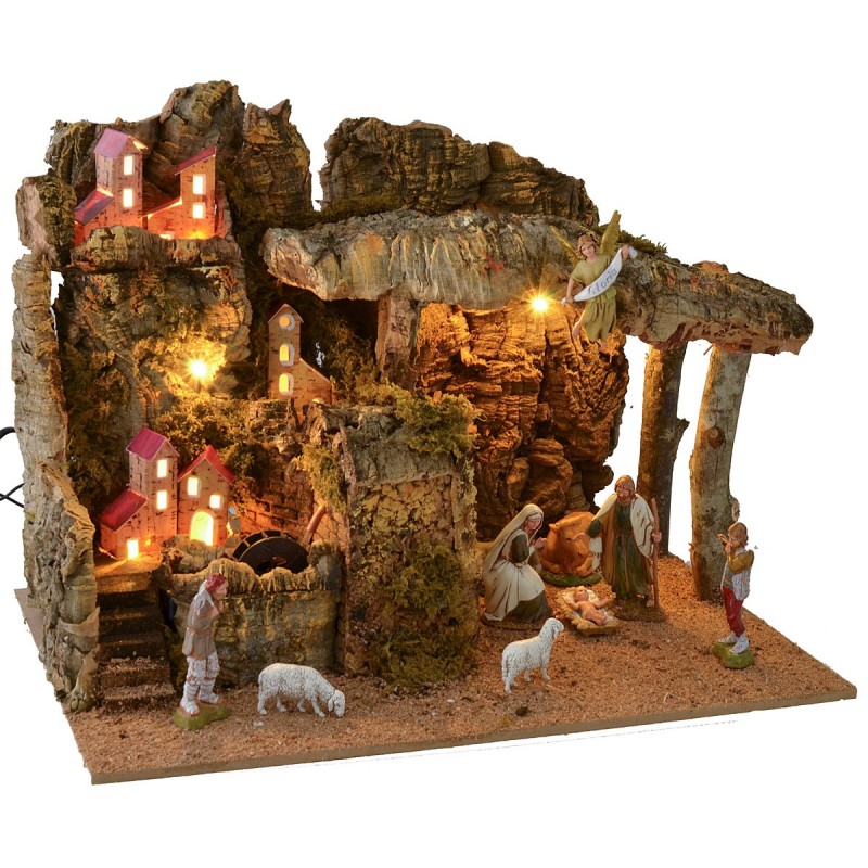 Illuminated crib with working water mill complete with