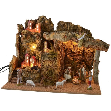 Presepe illuminato con mulino ad acqua funzionante completo di