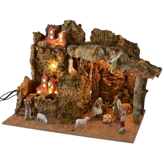 Presepe illuminato con mulino ad acqua funzionante completo di