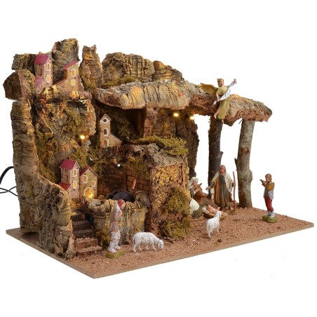 Presepe illuminato con mulino ad acqua funzionante completo di