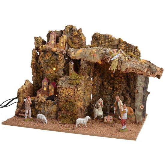 Presepe illuminato con mulino ad acqua funzionante completo di
