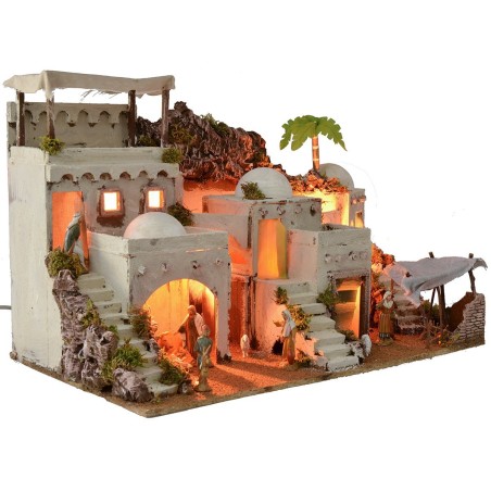 Illuminated Arab nativity scene with functioning bivouac