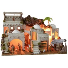 Presepe arabo illuminato con bivacco funzionante completo di