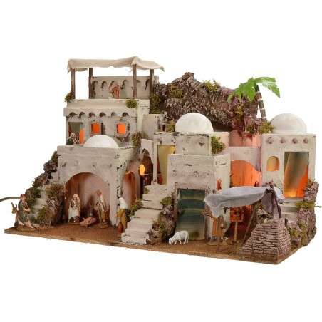 Illuminated Arab nativity scene with functioning bivouac