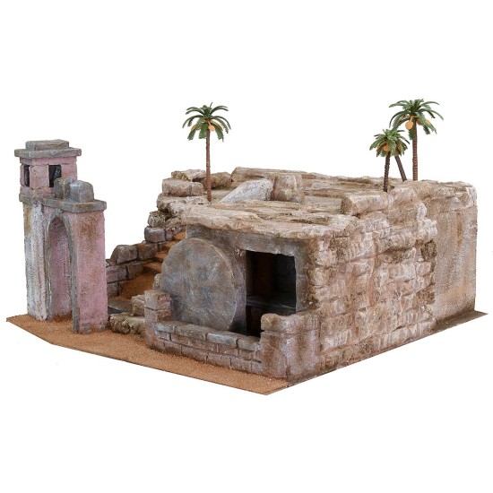 Nacimiento de Pascua de 50x49x25 cm de altura, sepulcro, estatuas.