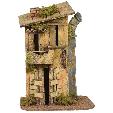 Casa con balcón y ruina de arco cm 17x12,5x24 h madera