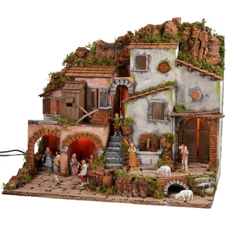 Presepe illuminato con fontana funzionante completo di statue