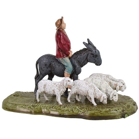 Man on donkey with flock of 6 cm Landi Moranduzzo sheep