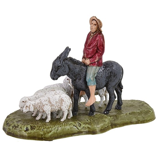 Man on donkey with flock of 6 cm Landi Moranduzzo sheep