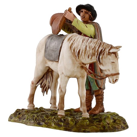 Uomo che sella il cavallo scena 10 cm Landi Moranduzzo