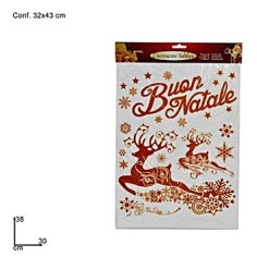Vetrofania rossa "Buon Natale" con renne cm 30x38 h 2
