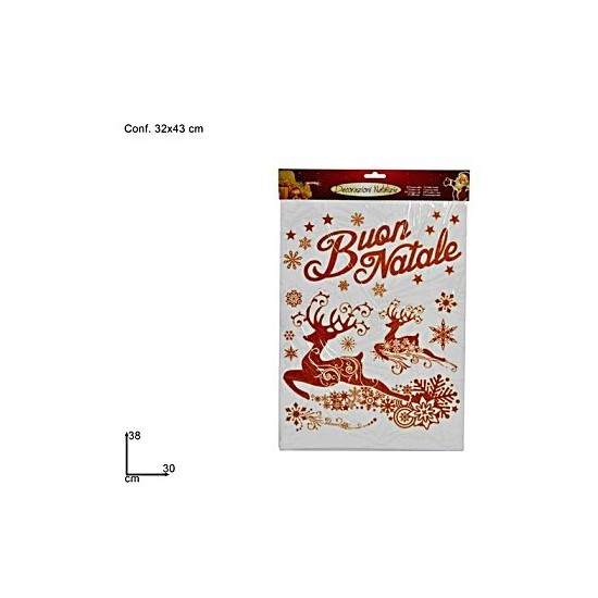 Vetrofania rossa "Buon Natale" con renne cm 30x38 h vetrofania