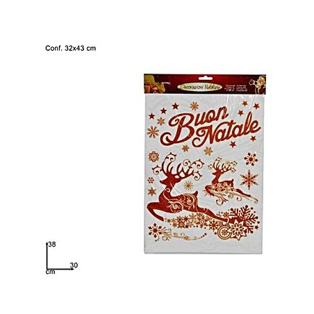 Vetrofania rossa "Buon Natale" con renne cm 30x38 h vetrofania