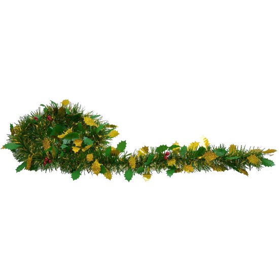 Guirnalda navideña con hojas doradas y bayas 200 cm