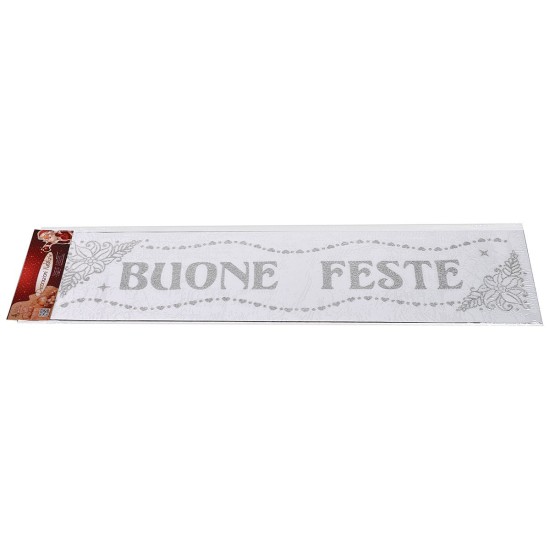 Vetrofania glitterata argento "Buone Feste" cm 16x61