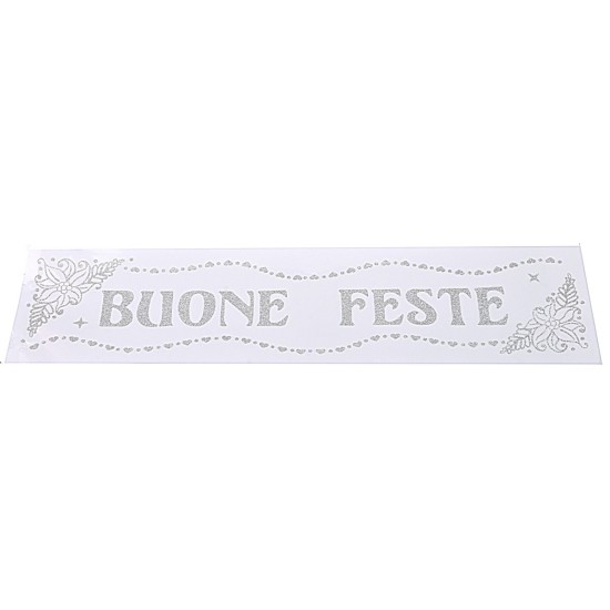 Vetrofania glitterata argento "Buone Feste" cm 16x61
