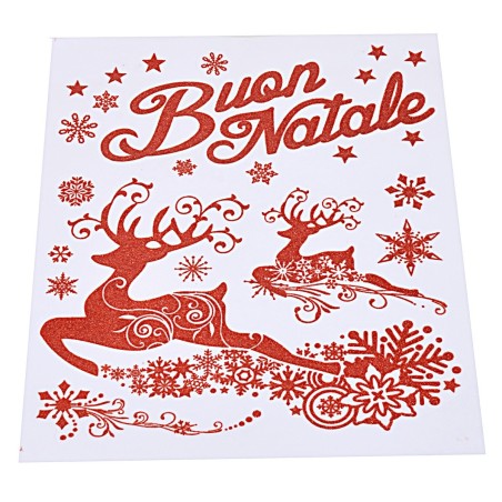 Adhesivo rojo "Feliz Navidad" con renos de 30x38 cm h