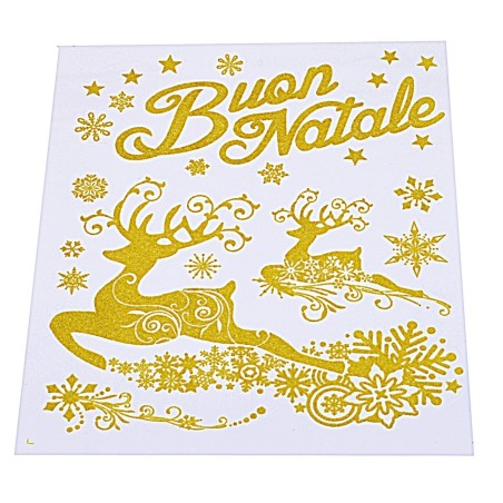 Calcomanía dorada "Feliz Navidad" con renos cm 30x38 h 30x38