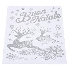 Vetrofania argento "Buon Natale" con renne cm 30x38 h