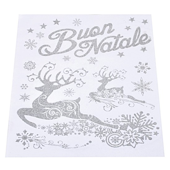 Vinilo decorativo plateado "Feliz Navidad" con renos de 30x38