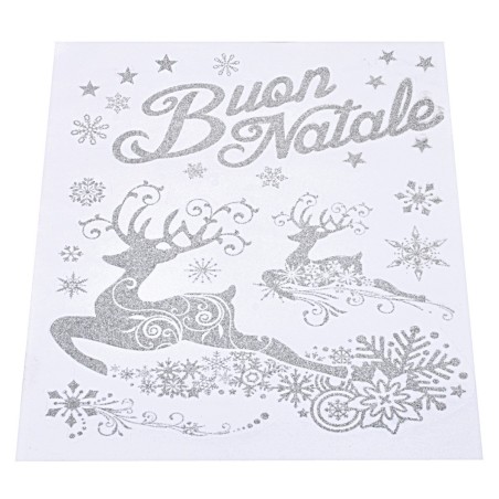 Vetrofania argento "Buon Natale" con renne cm 30x38 h argento