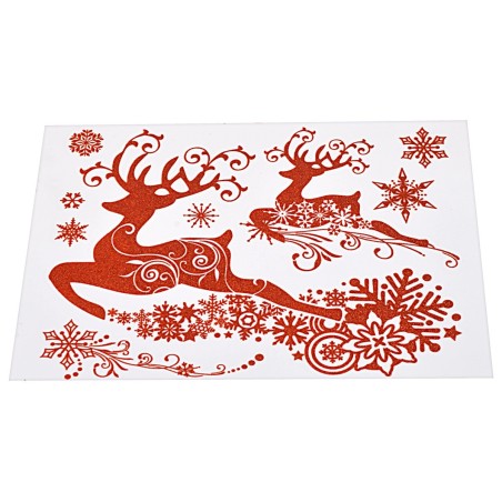 Adhesivo navideño con purpurina y renos, tamaño 44x31 cm con purpurina.