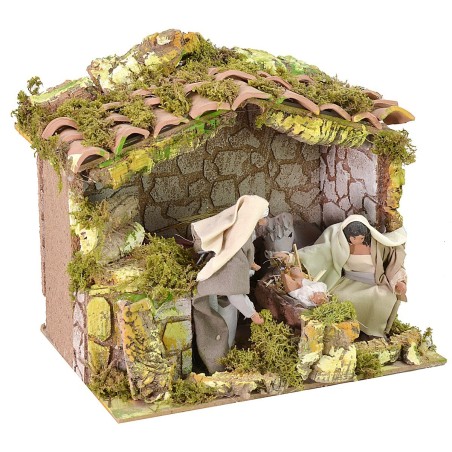 Illuminated hut with Nativity scene, 12 cm series with movement
