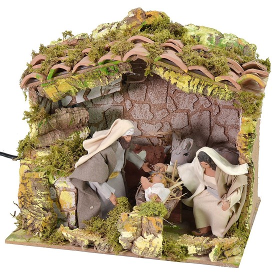 Illuminated hut with Nativity scene, 12 cm series with movement