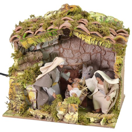 Illuminated hut with Nativity scene, 12 cm series with movement