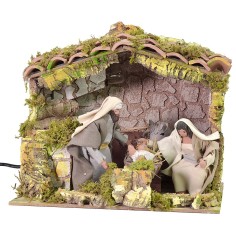 Illuminated hut with Nativity scene, 12 cm series with movement