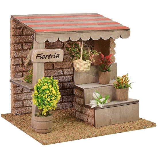 Quiosco floristería de 15x13x13 cm de altura, corcho, estatuas, madera.