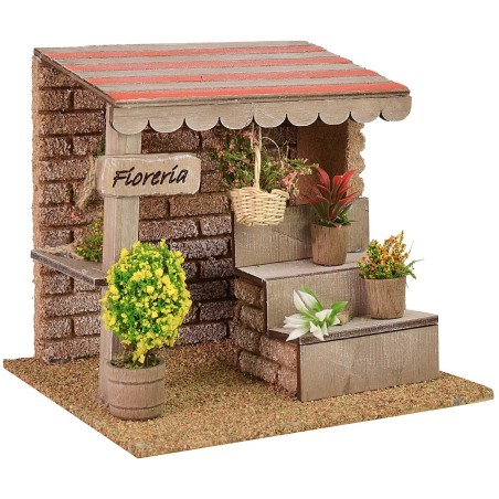 Quiosco floristería de 15x13x13 cm de altura, corcho, estatuas, madera.