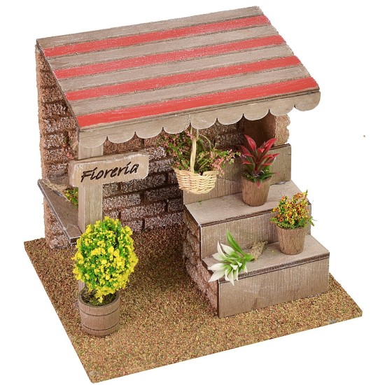 Quiosco floristería de 15x13x13 cm de altura, corcho, estatuas, madera.