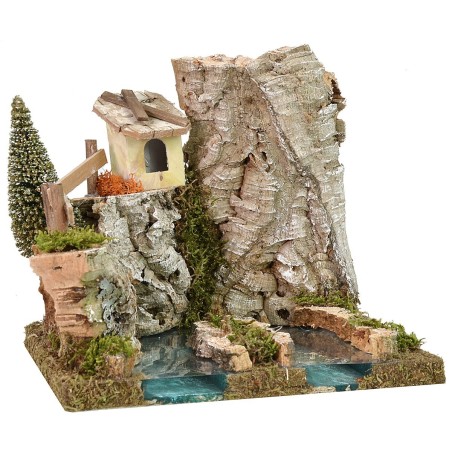Fuente del río efecto profundidad con cabaña cm 18x16x15