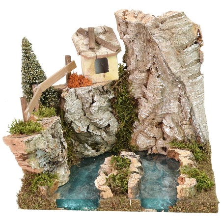 Depth effect river source with hut 18x16x15 cm