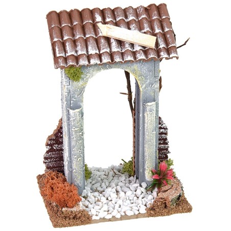 Puerta de la ciudad con calle de 12x9x17 cm de altura, madera.