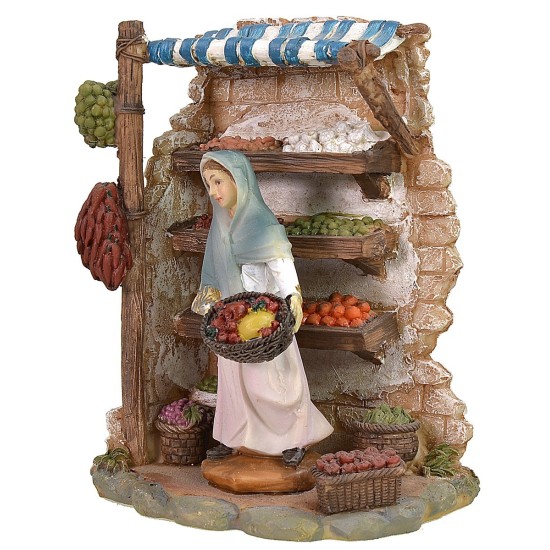 Tienda en resina con vendedora de frutas cm 12,5x8,5x16,5 h