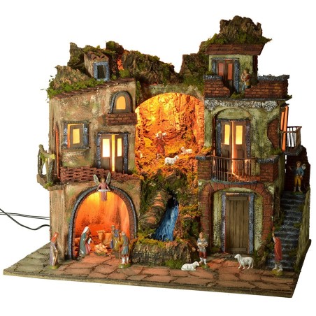 Presepe illuminato stile '700 con cascata completo di statue