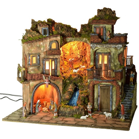 Pesebre iluminado estilo '700 con cascada completo de estatuas