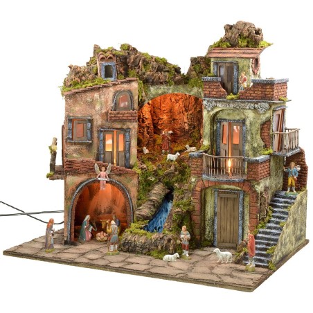 Presepe illuminato stile '700 con cascata completo di statue