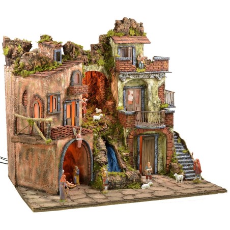 Presepe illuminato stile '700 con cascata completo di statue