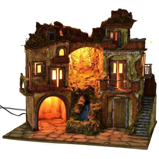 18th-century style illuminated nativity scene with waterfall, dimensions 70x50x64 cm (H)