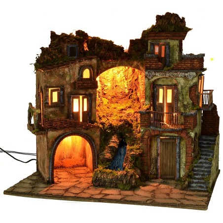 18th-century style illuminated nativity scene with waterfall, dimensions 70x50x64 cm (H)