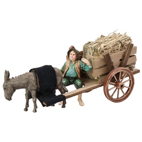 Carro con heno y burro de 20x7,5x8 cm, altura, estatuas.
