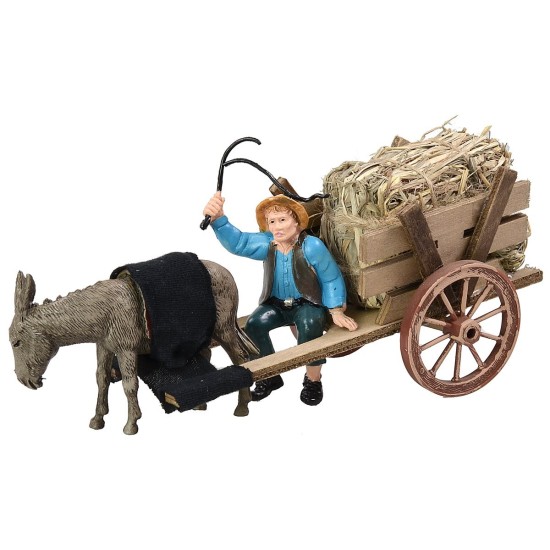 Carro con heno y burro de 20x7,5x8 cm, altura, estatuas.