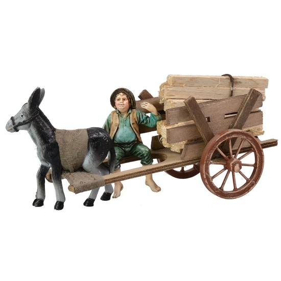 Carro con leña y burro de 18,5x7,5x8 cm h carro, altura, burro.