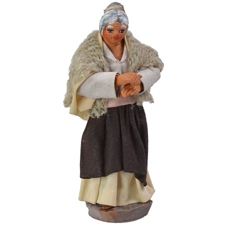 Old woman with shawl 10 cm height, fabric, terracotta, base