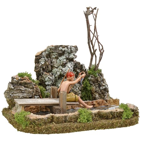 Estanque de pesebre con pescador Landi efecto profundidad