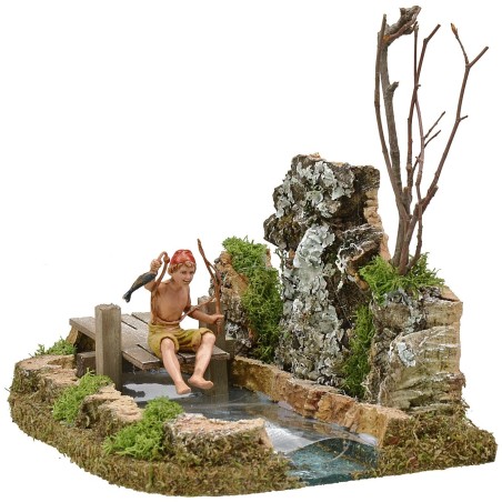 Estanque de pesebre con pescador Landi efecto profundidad